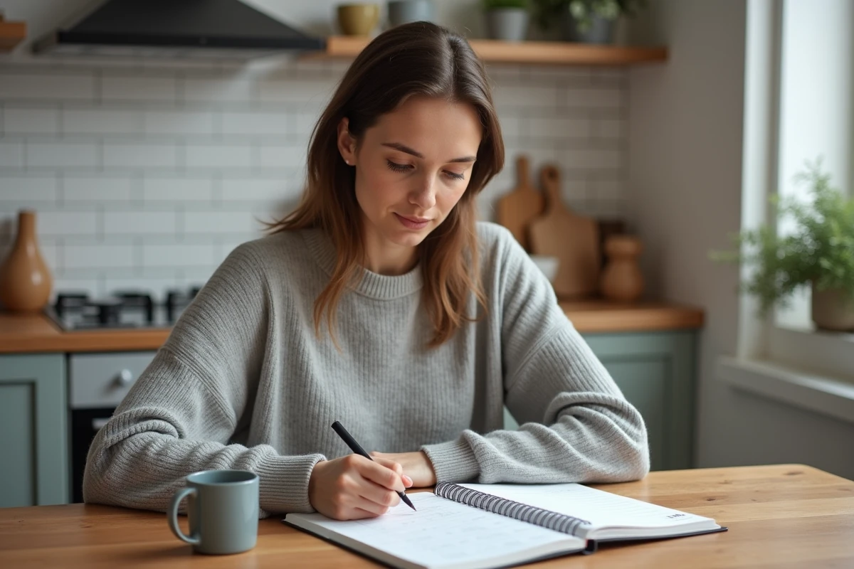 Femme consultant un planning 2026 format paysage à une table de cuisine scandinave, semaines numérotées visibles