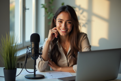 Jeune femme confiante au bureau avec ordinateur et micro