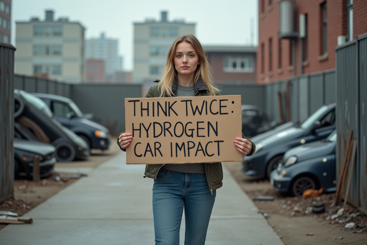 Jeune femme avec panneau de protestation devant recyclage hydrogene