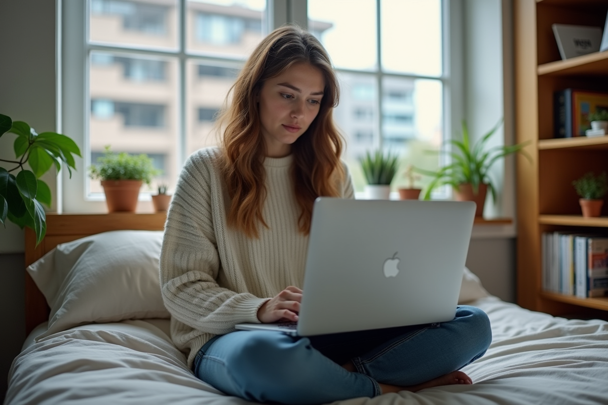 Jeune femme à la maison tapant son CV sur un ordinateur