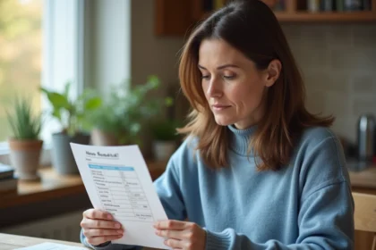 Femme réfléchie tenant ses résultats de quiz dans la cuisine