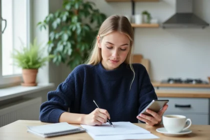 Femme assise à la cuisine en train de remplir un formulaire