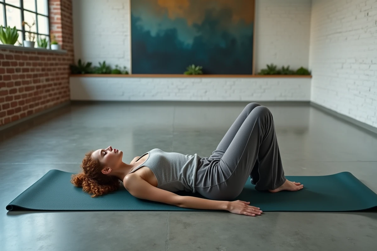Femme allongée en posture de savasana les yeux fermés sur un tapis de yoga, représentant la relaxation profonde et la réception de visions lumineuses spirituelles
