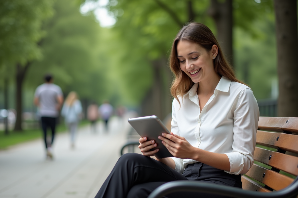 Jeune femme souriante avec tablette dans un parc