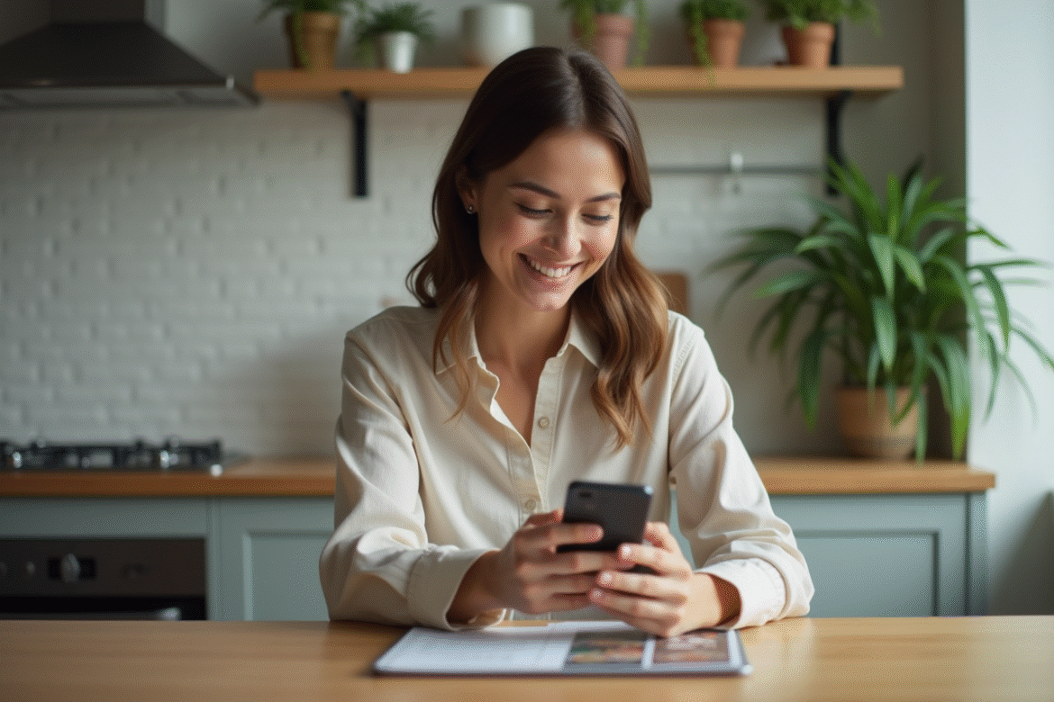 Jeune femme souriante utilisant une application bancaire à la maison