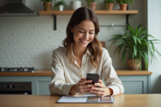 Jeune femme souriante utilisant une application bancaire à la maison