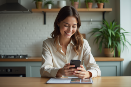 Jeune femme souriante utilisant une application bancaire à la maison