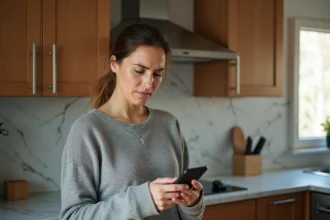 Femme consultant le suivi de colis sur son smartphone avec une expression perplexe, statut Returns to Clevya affiché