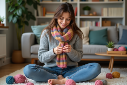 Femme en tricot dans un salon chaleureux et paisible