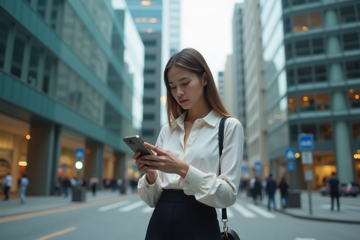 Jeune femme dans la rue utilisant son smartphone avec frustration