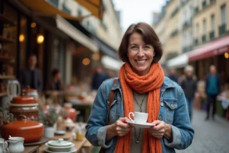 Femme souriante examinant vaisselle vintage dans un marché parisien