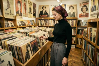 Jeune femme en tenue années 60 feuilletant des vinyles dans un magasin de disques parisien rétro