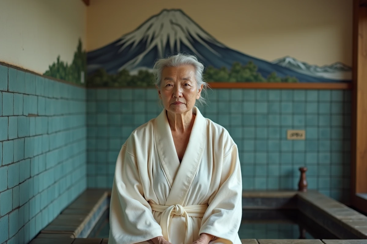 Femme japonaise en yukata se préparant au bain dans un sento traditionnel avec carrelage mosaïque et vapeur douce