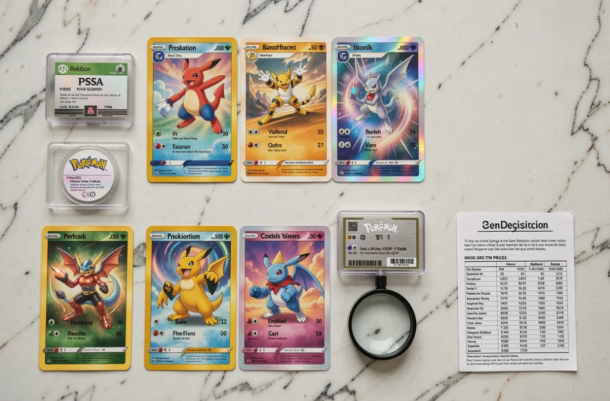 Flat lay de cartes Pokémon rares holographiques et première édition sur marbre blanc avec loupe et guide de cotation