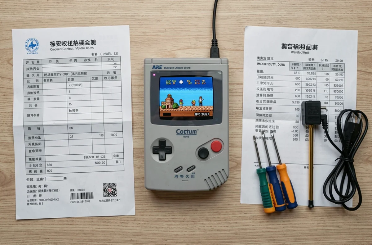 Vue aérienne d'une console retrogaming importée de Chine avec formulaire douanier, adaptateur européen et outils de configuration sur une surface en bois