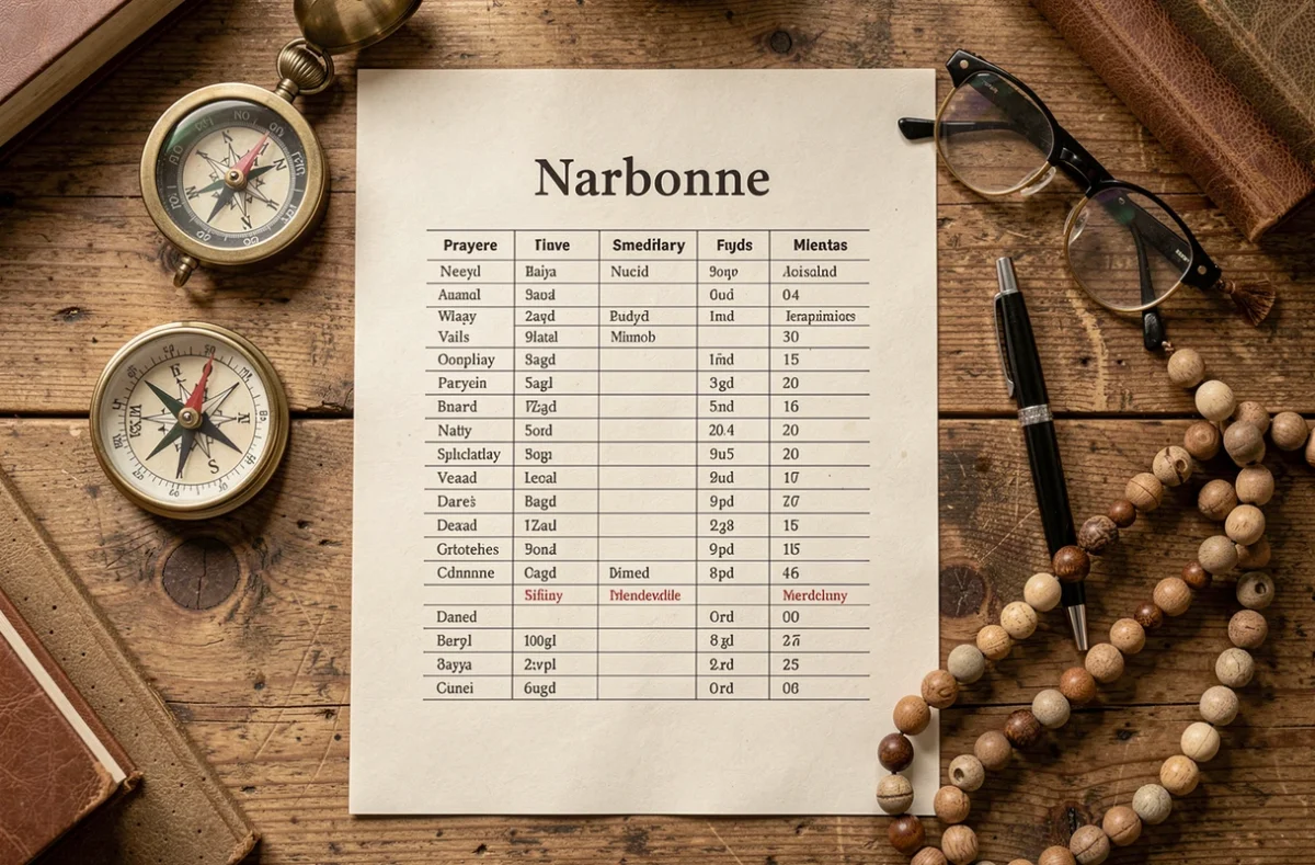 Vue de dessus du planning hebdomadaire des heures de prières de Narbonne posé sur une table en bois avec boussole et chapelet