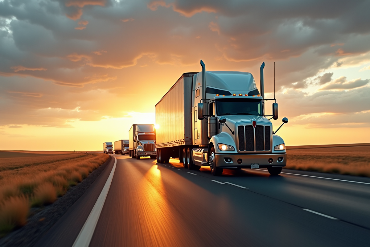 Flotte de camions modernes américains sur une route du Midwest