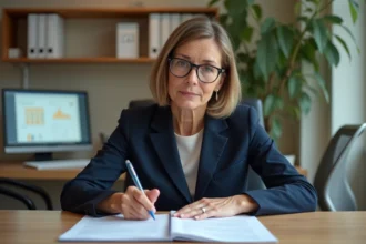 Fonctionnaire de catégorie hors classe examinant des documents administratifs liés à l'avancement d'échelon dans un bureau de la fonction publique française