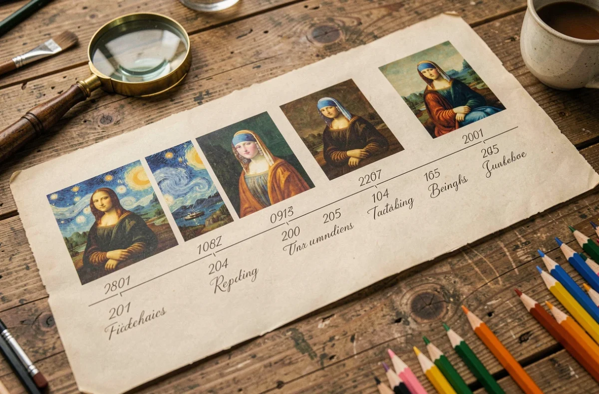 Frise chronologique illustrée à la main des peintures les plus célèbres de l'histoire de l'art sur une table en bois
