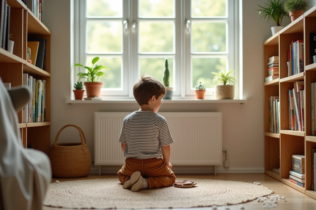 Jeune garçon arrangeant livres sur étagères maison