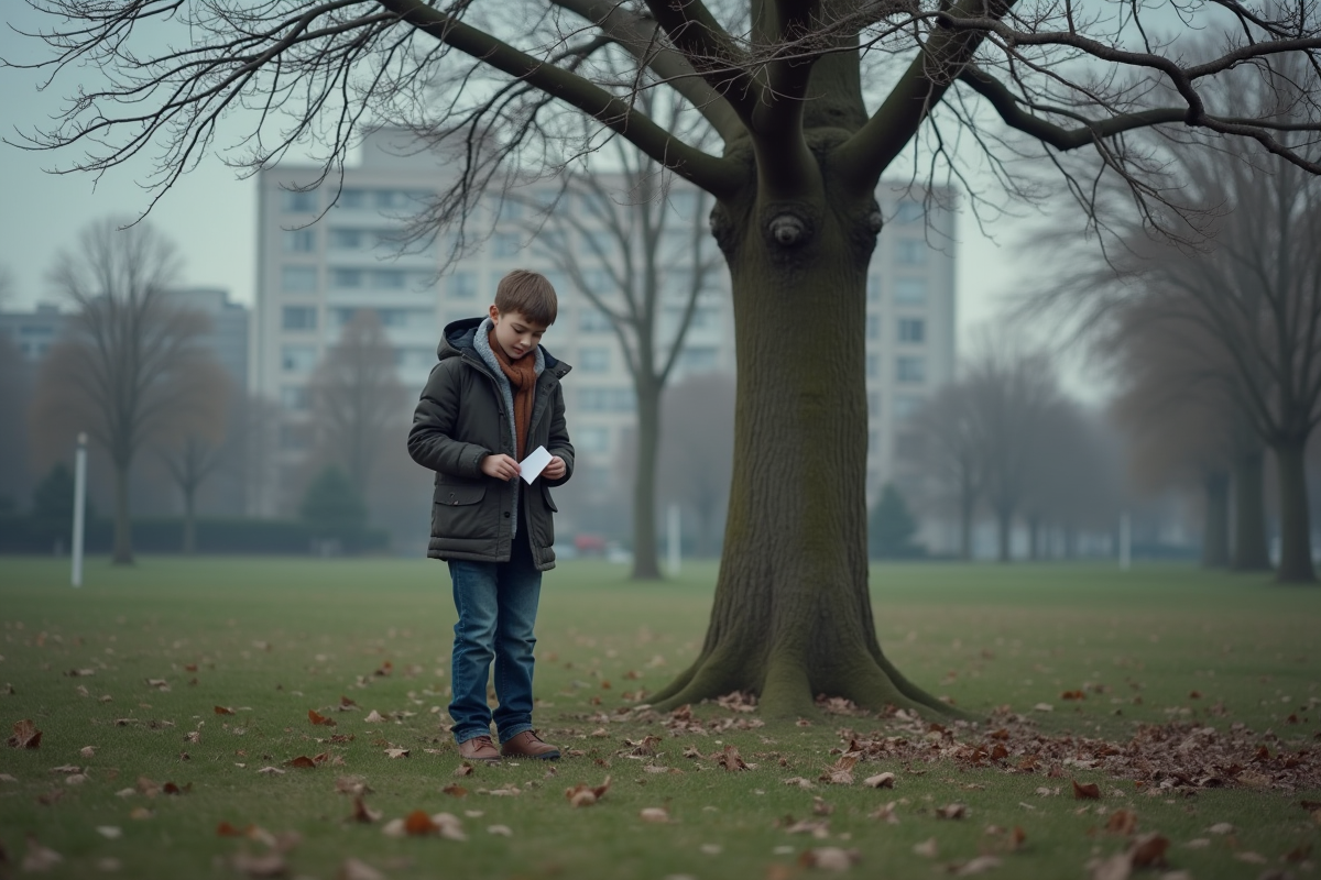 Jeune garçon seul sous un arbre dans un parc urbain