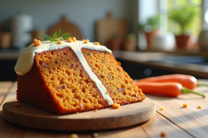 Partie de gâteau à la carotte en tranches sur une table en bois