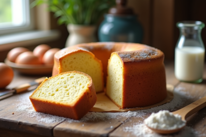 Gâteau nature sans levure sur table en bois avec ingrédients