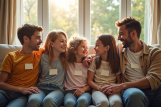 Enfants d'une famille recomposée discutant de leurs liens familiaux