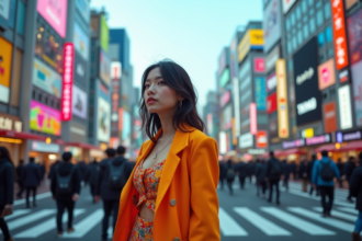 Quartier animé avec boutiques de mode et grands magasins en Asie