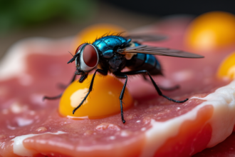 Mouche bleue pondant des œufs dans de la viande en décomposition