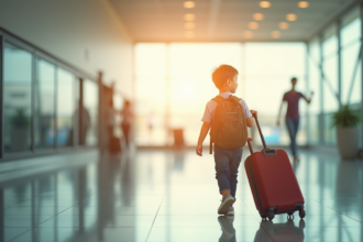 Enfant attendant à un guichet d'enregistrement pour voyager seul