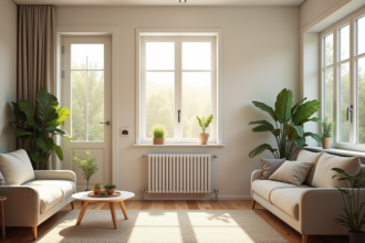 Radiateur moderne dans un coin d'appartement bien éclairé