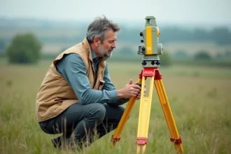Géomètre expert utilisant un théodolite pour mesurer un terrain lors d'une division foncière entre héritiers