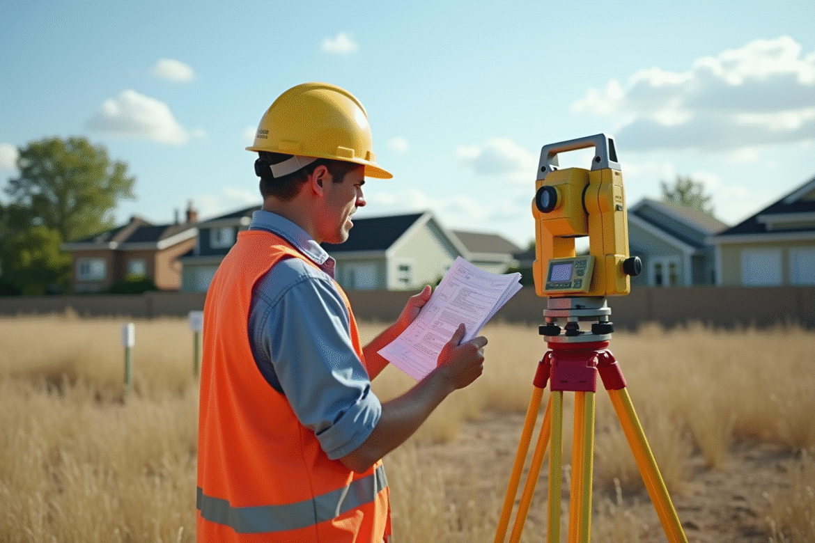 Geometre en plein travail avec theodolite sur le terrain