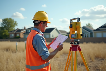 Geometre en plein travail avec theodolite sur le terrain