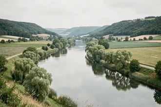 Vue panoramique d'un grand fleuve français serpentant dans une vallée verdoyante avec ses rives boisées et ses plaines agricoles environnantes