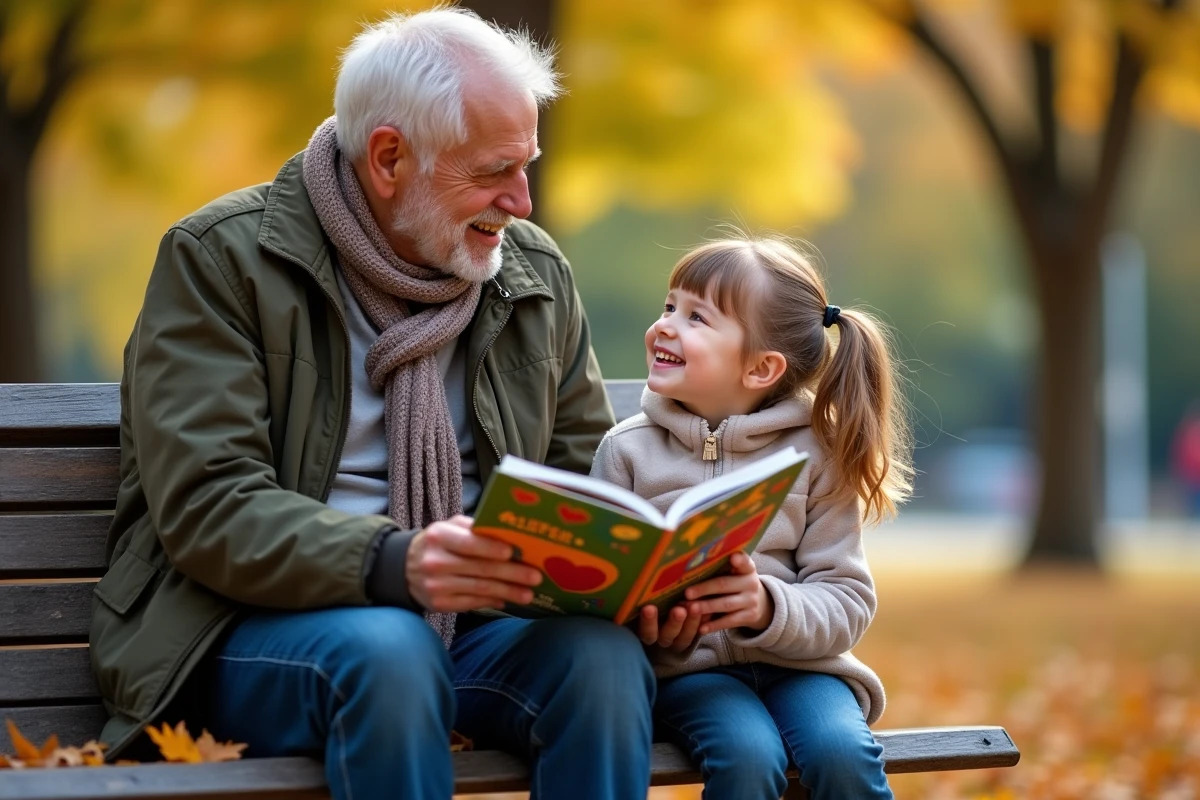Un grand-pere donnant un livre à une petite fille dans un parc automnal