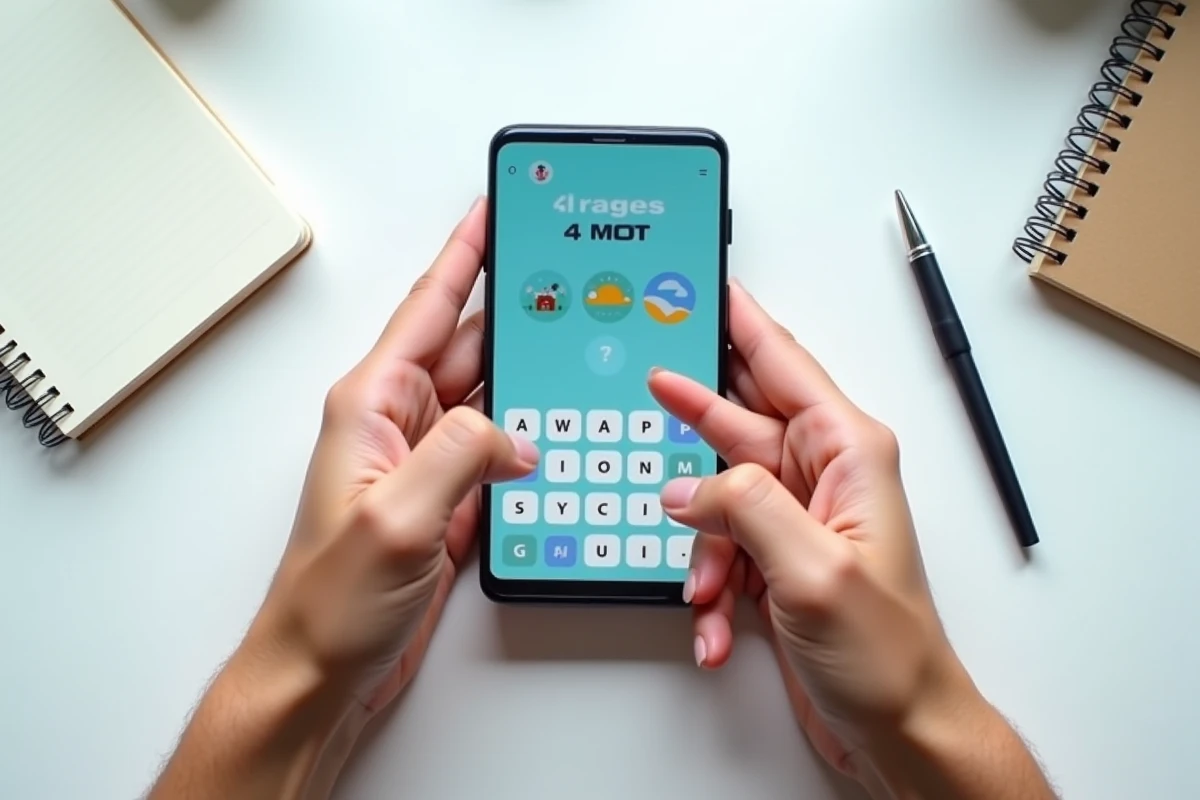 Gros plan de mains tenant un smartphone avec un puzzle 4 images 1 mot affichant 5 cases de lettres à compléter