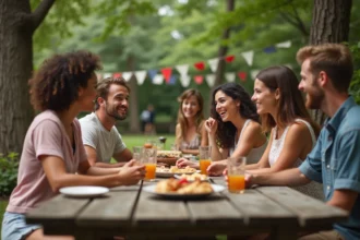 Groupe d'amis lors d'une fête d'été avec signes astrologiques