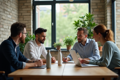 Groupe de quatre adultes discutant d'un projet durable