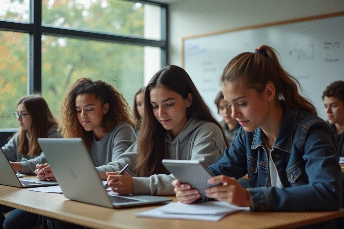 Groupe d'élèves lycéens utilisant des tablettes en classe moderne