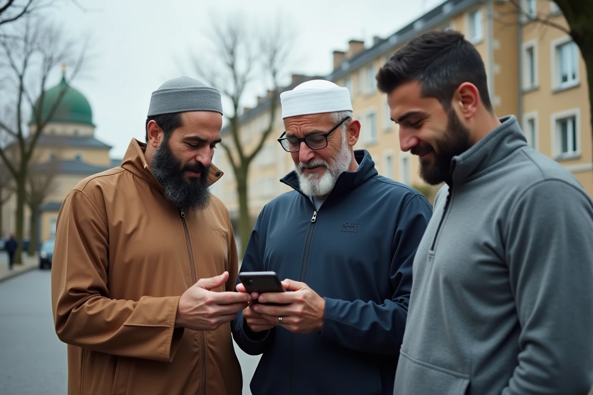 Groupe d'hommes devant une mosquée d'Argenteuil consultant les horaires de prière sur un smartphone en automne
