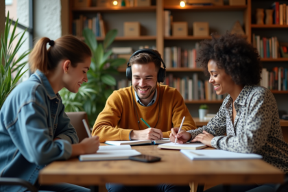Jeunes adultes en apprentissage dans un lounge chaleureux