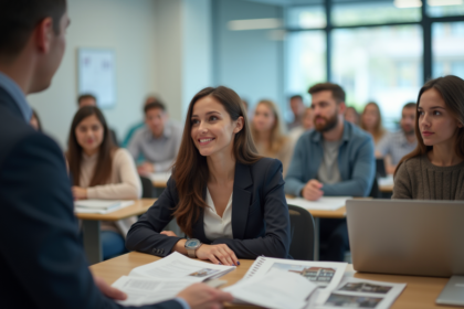 Jeunes adultes en formation immobilière en classe lumineuse
