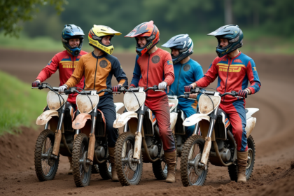 Groupe de motocross riders souriants après une course en plein air