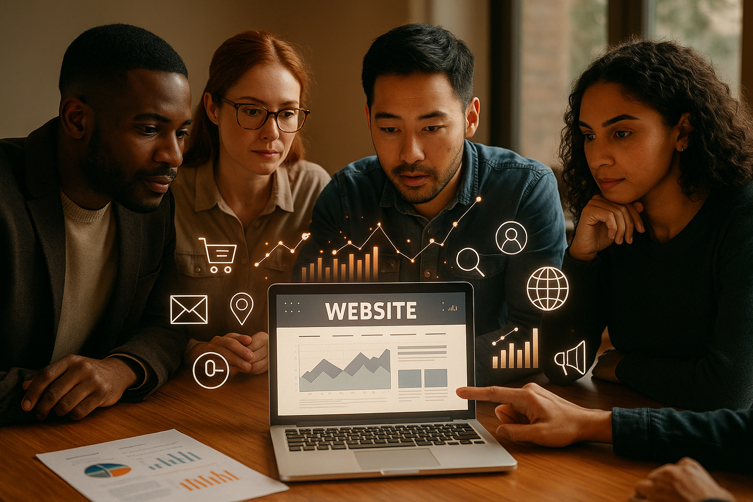 Groupe de professionnels analysant un site web avec graphiques et icônes