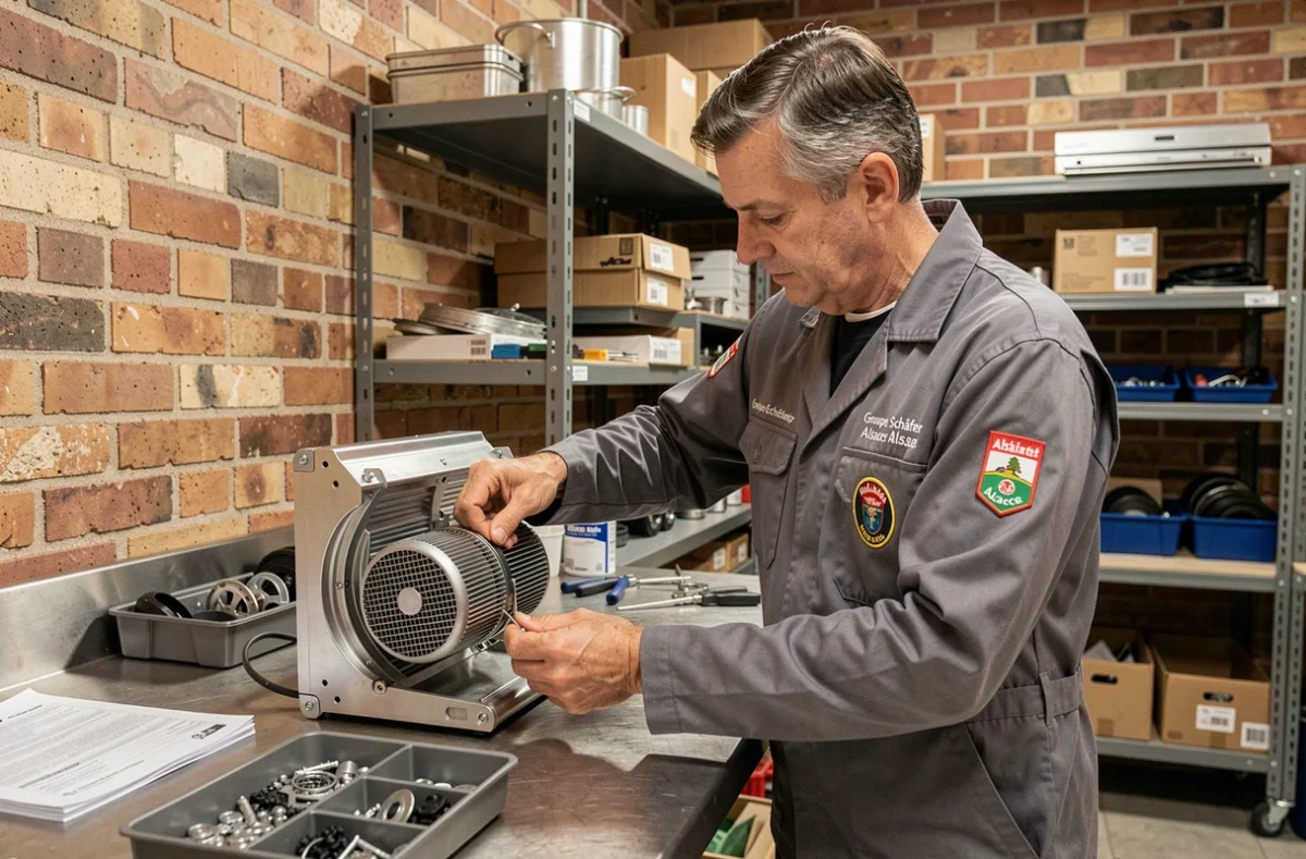 Technicien du Groupe Schäfer réparant un élément chauffant de sèche-linge dans un atelier alsacien