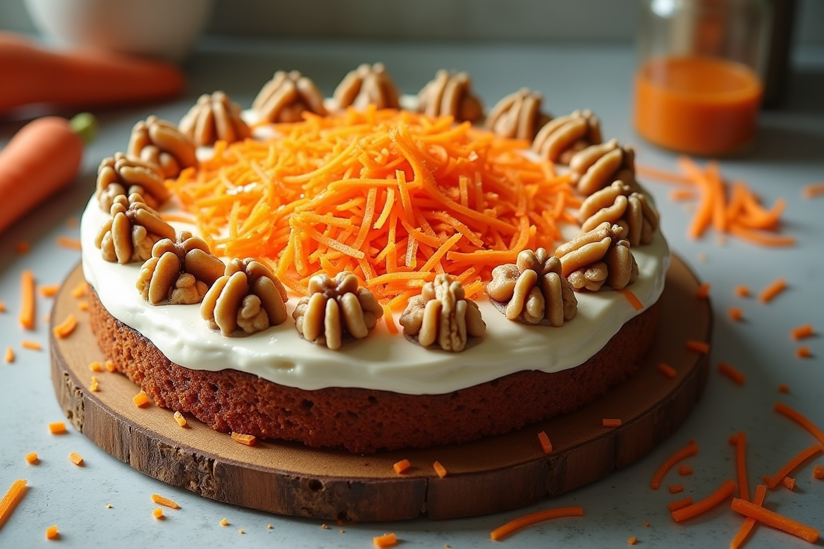 Gâteau à la carotte entier garni de noix et carottes râpées