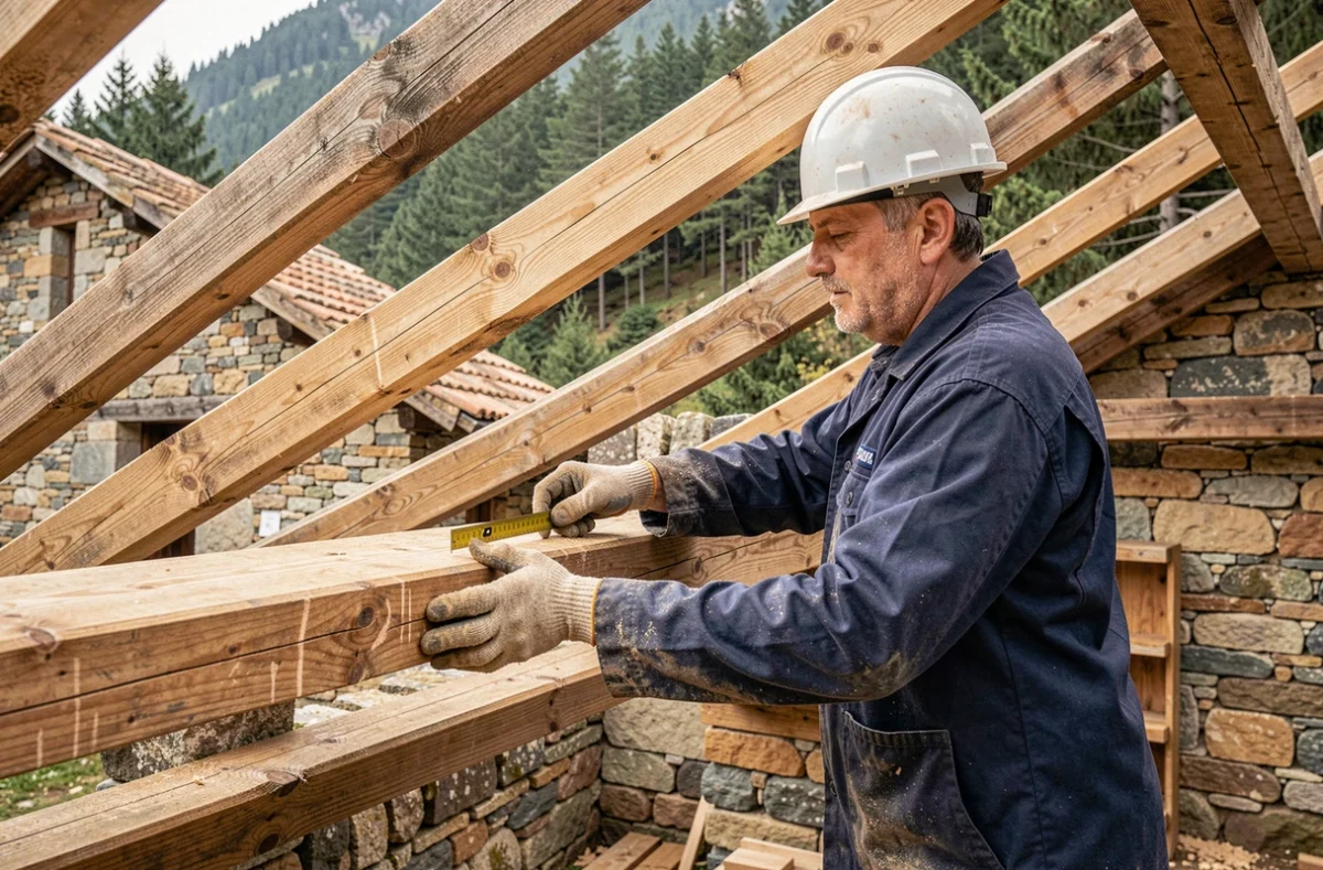 Artisan couvreur charpentier travaillant sur une charpente en bois traditionnelle à Montréjeau dans les Pyrénées