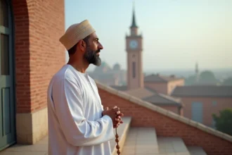 Homme en djellaba blanche devant une mosquée en brique rose de Toulouse à l'heure de l'aube, heure de al-fajr